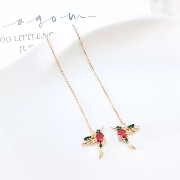 Colorful Hummingbird Jewel Dangle Threader Earring - Picture 3 of 9